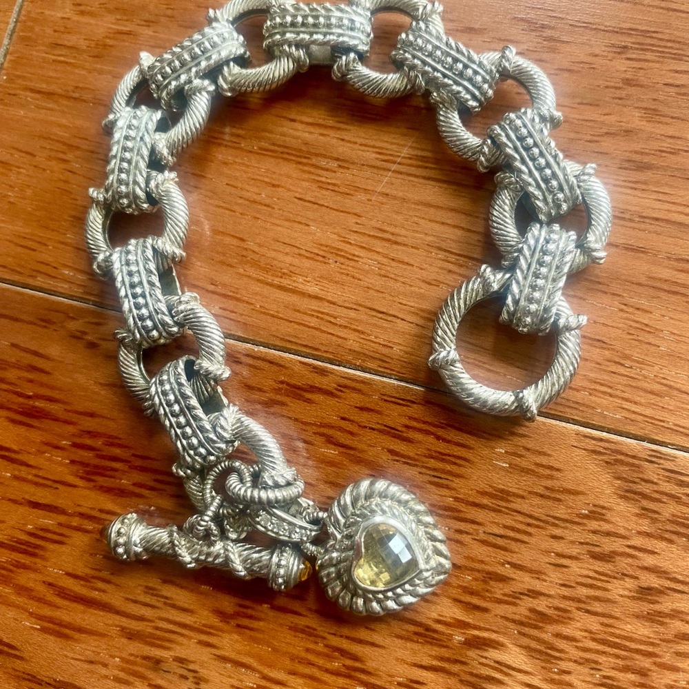 QVC Judith Ripka Sterling Silver 925 Citrine & CZ Bracelet Heart Charm 7.5"